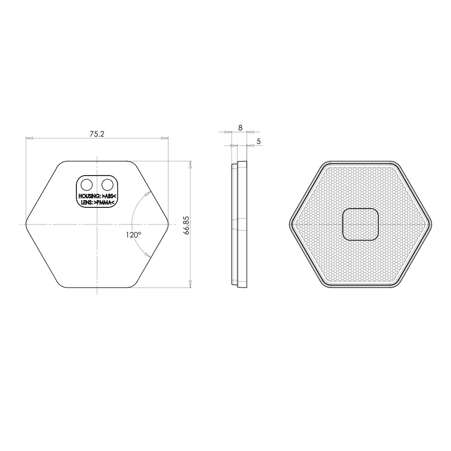CATADIÓPTRICO REFLECTANTE HEXAGONAL 75X66mm TRASERA ADHESIVA WAS UO6 