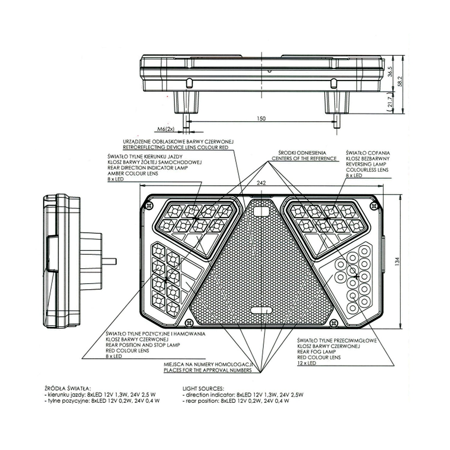 PILOTO TRASERO LED 6 FUNCIONES 12/24V WAS W125 915 / 916